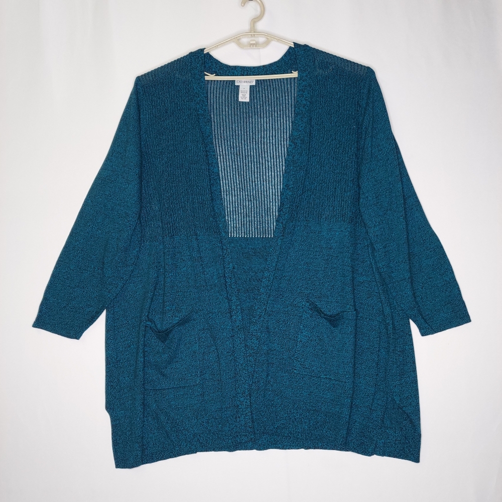 Catherines Long‎ Knit Cardigan Womens 3X Turquoise Semi-Sheer Knit Pocket Open